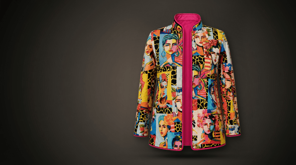 The Muse reversible printed jacket — Side A, the expressive designer side